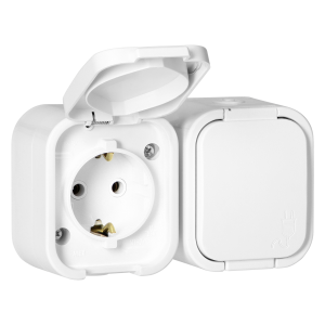 Surface-mounted double socket 2x2P+E, Schuko, splash-proof with cover B2, IP54, NT-7B2, white