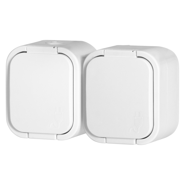 Surface-mounted double socket 2x2P+E, Schuko, splash-proof with cover B2, IP54, NT-7B2, white