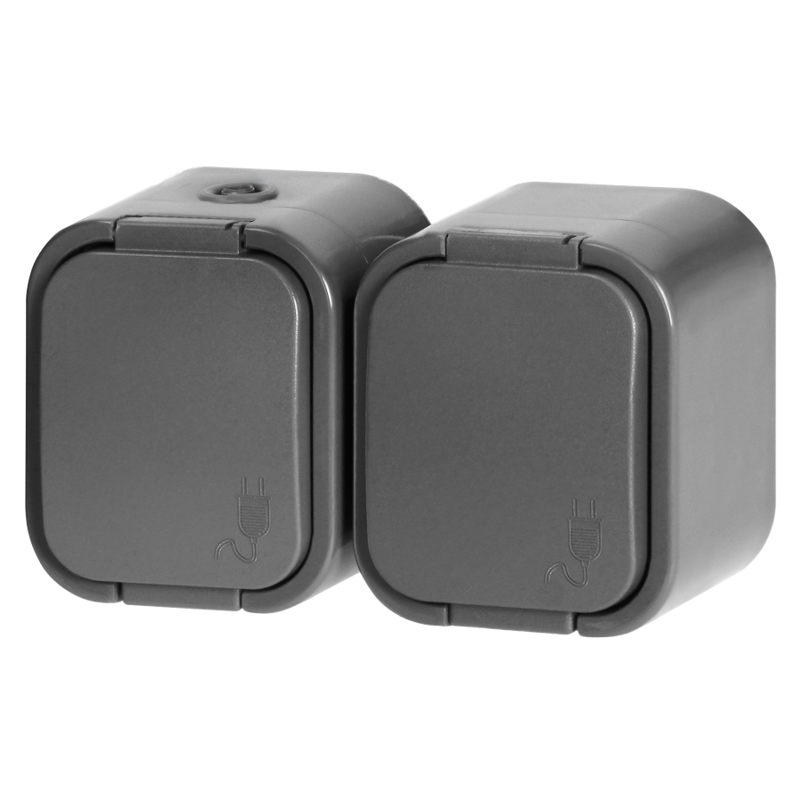 Surface-mounted double socket 2x2P+E, Schuko, splash-proof with cover B2, IP54, NT-7B2, gray