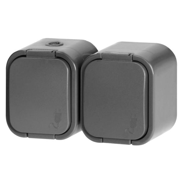Surface-mounted double socket 2x2P+E, Schuko, splash-proof with cover B2, IP54, NT-7B2, gray