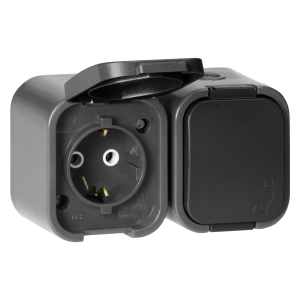Surface-mounted double socket 2x2P+E, Schuko, splash-proof with cover B2, IP54, NT-7B2, gray/black