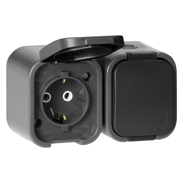 Surface-mounted double socket 2x2P+E, Schuko, splash-proof with cover B2, IP54, NT-7B2, gray/black