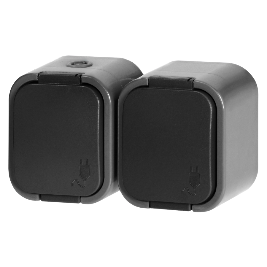 Surface-mounted double socket 2x2P+E, Schuko, splash-proof with cover B2, IP54, NT-7B2, gray/black