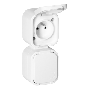 Surface-mounted double socket 2x2P+E, splash-proof with cover, vertical B2, IP54, NT-6B2/P, white