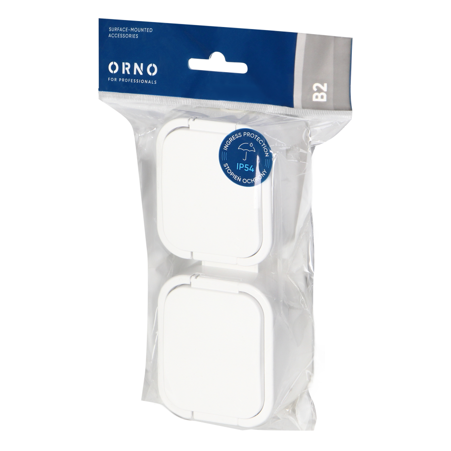 Surface-mounted double socket 2x2P+E, splash-proof with cover, vertical B2, IP54, NT-6B2/P, white