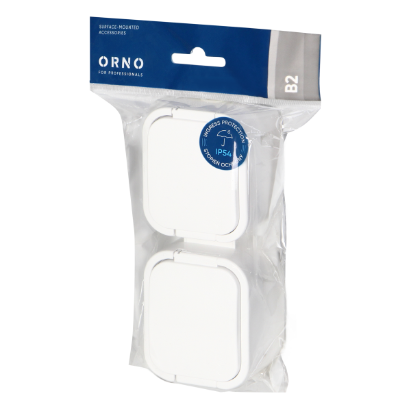 Surface-mounted double socket 2x2P+E, splash-proof with cover, vertical B2, IP54, NT-6B2/P, white