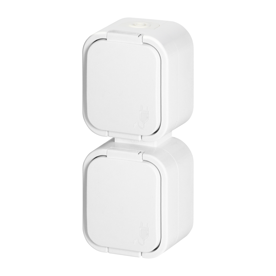 Surface-mounted double socket 2x2P+E, splash-proof with cover, vertical B2, IP54, NT-6B2/P, white