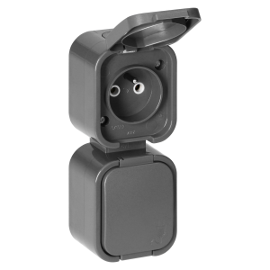 Surface-mounted double socket 2x2P+E, splash-proof with cover, vertical B2, IP54, NT-6B2/P, gray