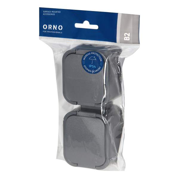 Surface-mounted double socket 2x2P+E, splash-proof with cover, vertical B2, IP54, NT-6B2/P, gray