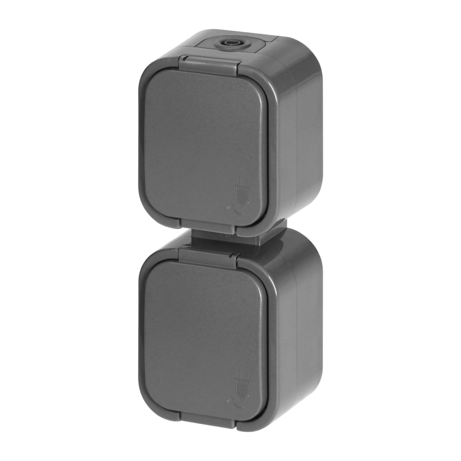 Surface-mounted double socket 2x2P+E, splash-proof with cover, vertical B2, IP54, NT-6B2/P, gray