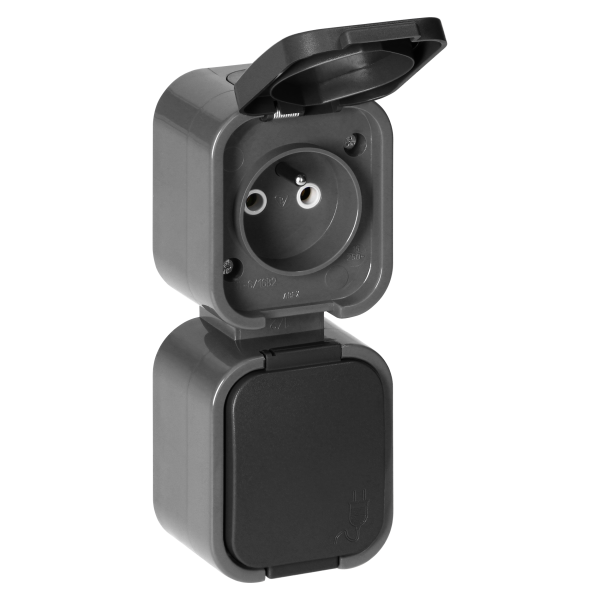 Surface-mounted double socket 2x2P+E, splash-proof with cover, vertical B2, IP54, NT-6B2/P, gray/black