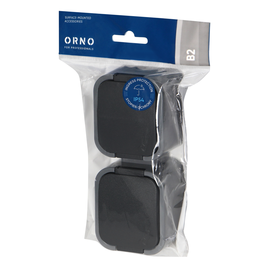 Surface-mounted double socket 2x2P+E, splash-proof with cover, vertical B2, IP54, NT-6B2/P, gray/black