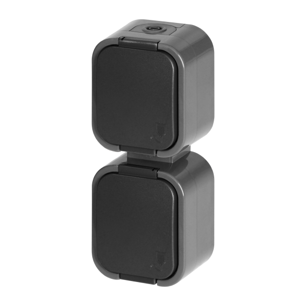 Surface-mounted double socket 2x2P+E, splash-proof with cover, vertical B2, IP54, NT-6B2/P, gray/black