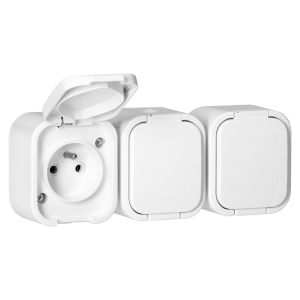 Surface-mounted triple socket 3x2P+E, splash-proof with cover B2, IP54, NT-316 B2, white