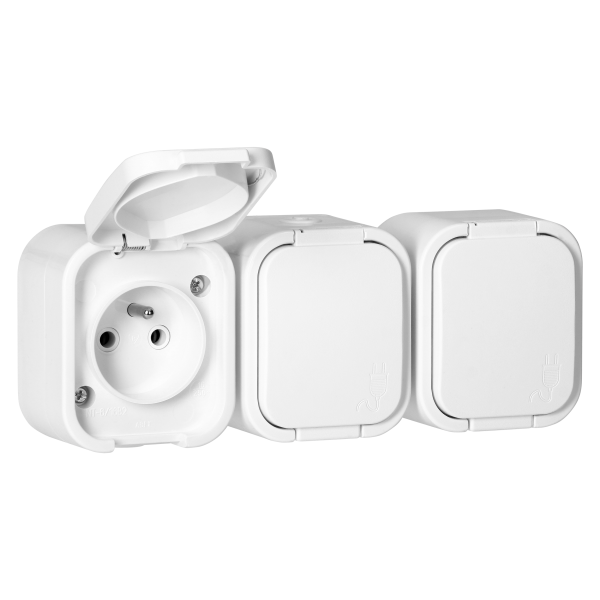 Surface-mounted triple socket 3x2P+E, splash-proof with cover B2, IP54, NT-316 B2, white