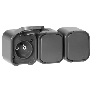 Surface-mounted triple socket 3x2P+E, splash-proof with cover B2, IP54, NT-316 B2, gray
