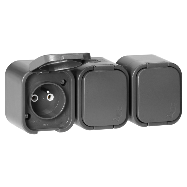 Surface-mounted triple socket 3x2P+E, splash-proof with cover B2, IP54, NT-316 B2, gray