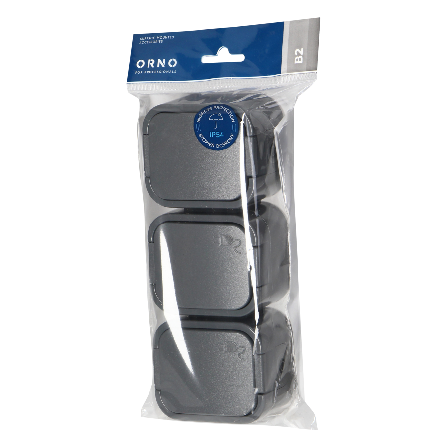 Surface-mounted triple socket 3x2P+E, splash-proof with cover B2, IP54, NT-316 B2, gray