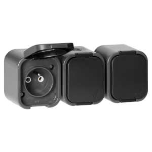 Surface-mounted triple socket 3x2P+E, splash-proof with cover B2, IP54, NT-316 B2, gray/black