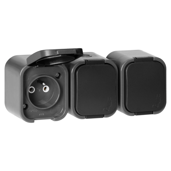 Surface-mounted triple socket 3x2P+E, splash-proof with cover B2, IP54, NT-316 B2, gray/black