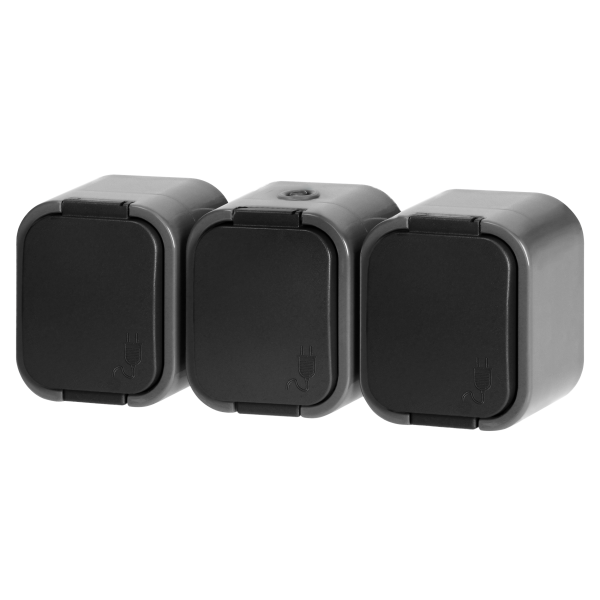 Surface-mounted triple socket 3x2P+E, splash-proof with cover B2, IP54, NT-316 B2, gray/black