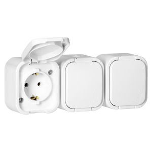 Surface-mounted triple socket 3x2P+E, Schuko, splash-proof with cover B2, IP54, NT-317 B2, white