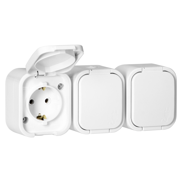 Surface-mounted triple socket 3x2P+E, Schuko, splash-proof with cover B2, IP54, NT-317 B2, white