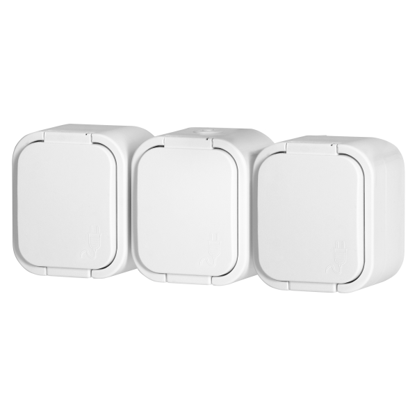 Surface-mounted triple socket 3x2P+E, Schuko, splash-proof with cover B2, IP54, NT-317 B2, white