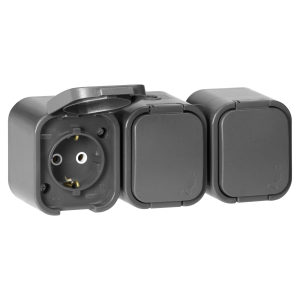 Surface-mounted triple socket 3x2P+E, Schuko, splash-proof with cover B2, IP54, NT-317 B2, gray