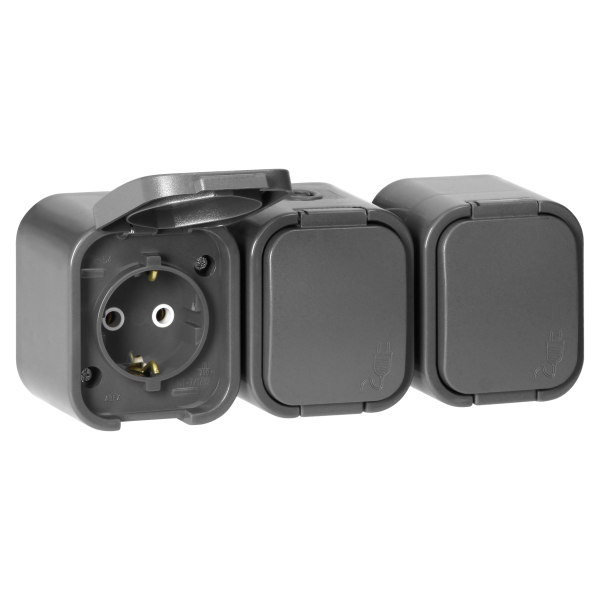 Surface-mounted triple socket 3x2P+E, Schuko, splash-proof with cover B2, IP54, NT-317 B2, gray