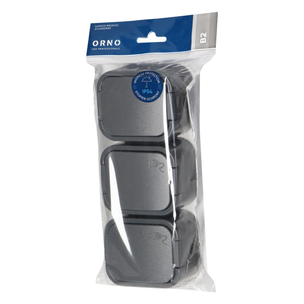 Surface-mounted triple socket 3x2P+E, Schuko, splash-proof with cover B2, IP54, NT-317 B2, gray