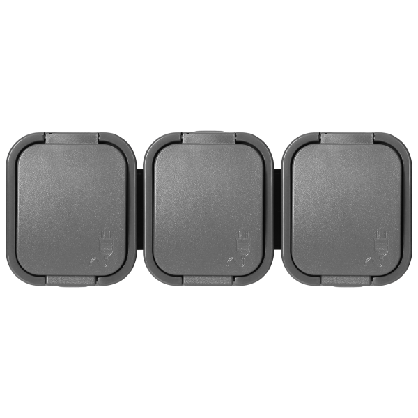 Surface-mounted triple socket 3x2P+E, Schuko, splash-proof with cover B2, IP54, NT-317 B2, gray