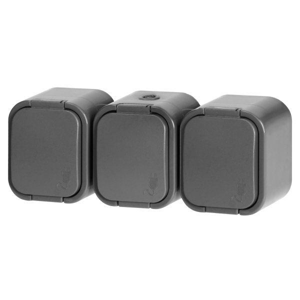 Surface-mounted triple socket 3x2P+E, Schuko, splash-proof with cover B2, IP54, NT-317 B2, gray