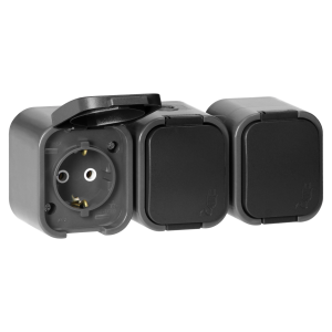 Surface-mounted triple socket 3x2P+E, Schuko, splash-proof with cover B2, IP54, NT-317 B2, gray/black