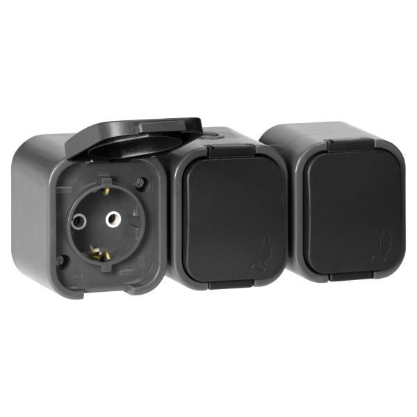 Surface-mounted triple socket 3x2P+E, Schuko, splash-proof with cover B2, IP54, NT-317 B2, gray/black