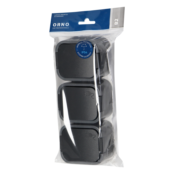 Surface-mounted triple socket 3x2P+E, Schuko, splash-proof with cover B2, IP54, NT-317 B2, gray/black
