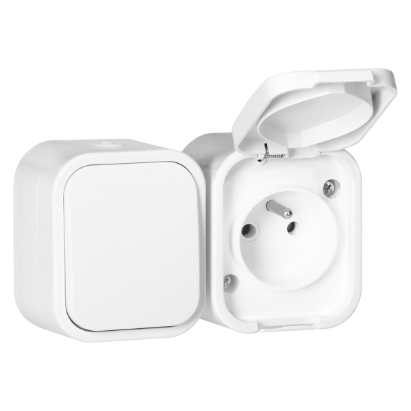 Surface-mounted single-pole switch + Single socket 2P+E B2, IP54, GWN-B2, white