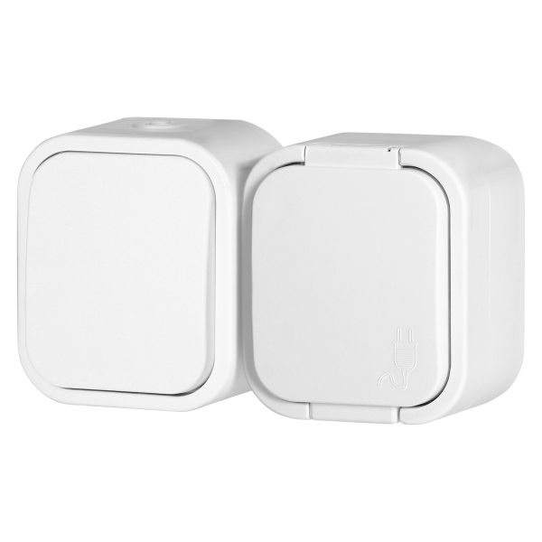 Surface-mounted single-pole switch + Single socket 2P+E B2, IP54, GWN-B2, white