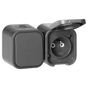 Surface-mounted single-pole switch + Single socket 2P+E B2, IP54, GWN-B2, gray