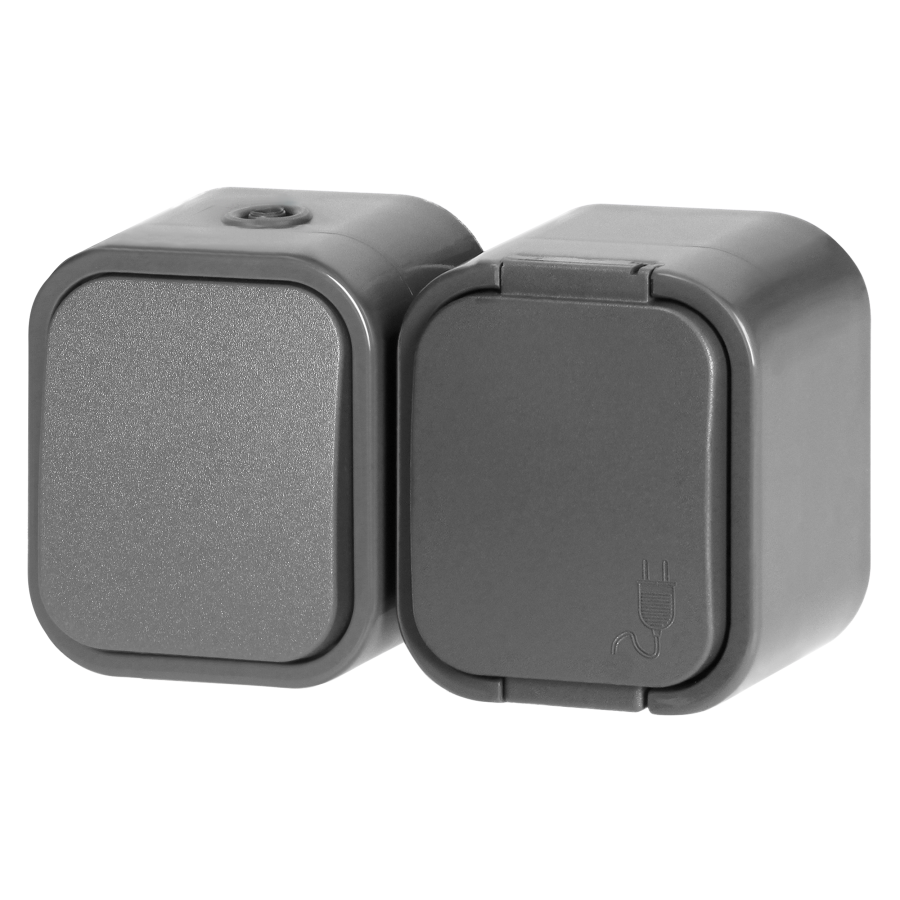 Surface-mounted single-pole switch + Single socket 2P+E B2, IP54, GWN-B2, gray
