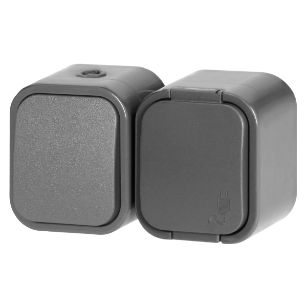 Surface-mounted single-pole switch + Single socket 2P+E B2, IP54, GWN-B2, gray