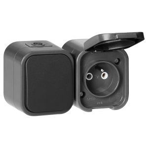 Surface-mounted single-pole switch + Single socket 2P+E B2, IP54, GWN-B2, gray/black