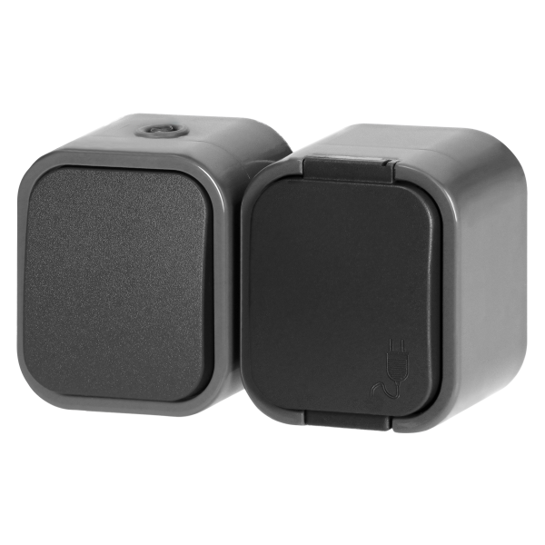 Łącznik n/t jednobiegunowy + Gniazdo pojedyncze 2P+Z B2, IP54, GWN-B2, szary/czarny