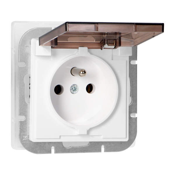 Flush-mounted single socket 2P+E weather proof with cover Pearl, 16A, 250V, PT-16PHL, white