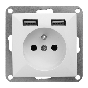 Flush-mounted single socket 2P+E with charger Pearl, 16A, 250V, PT-16P/USB, white