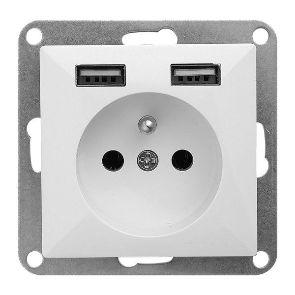 Flush-mounted single socket 2P+E with charger Pearl, 16A, 250V, PT-16P/USB, white