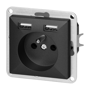 Flush-mounted single socket 2P+E with charger Pearl, 16A, 250V, PT-16P/USB, black