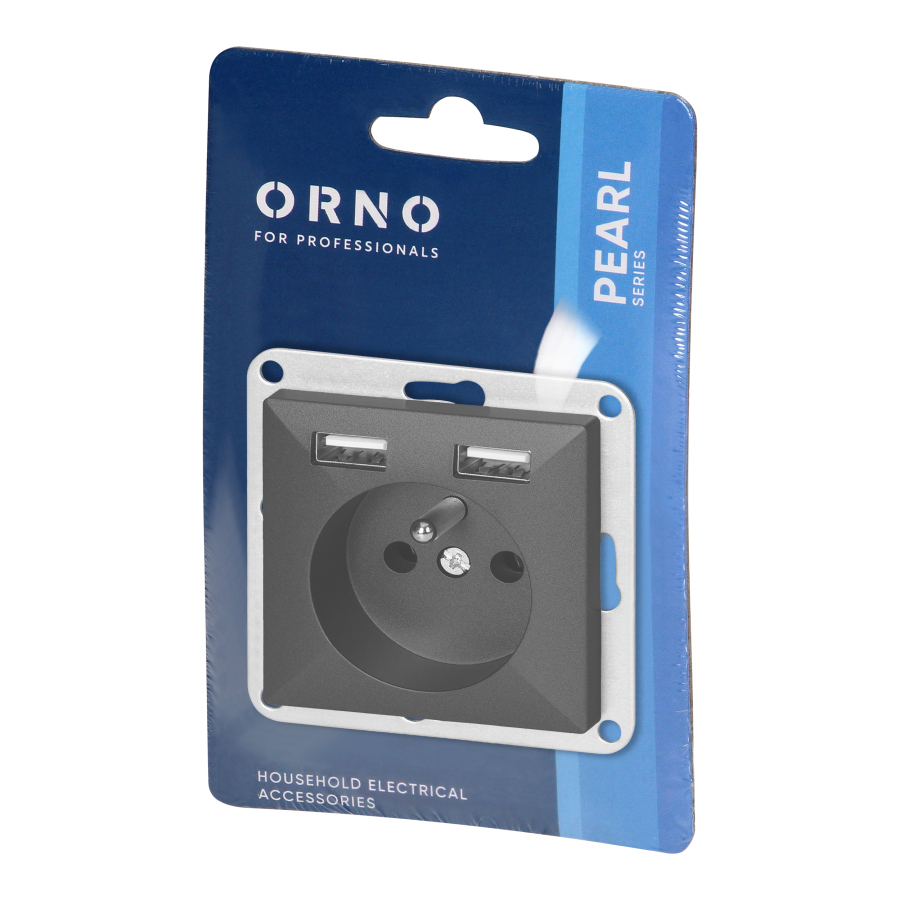 Flush-mounted single socket 2P+E with charger Pearl, 16A, 250V, PT-16P/USB, black