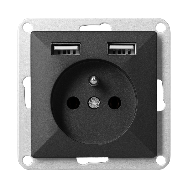 Flush-mounted single socket 2P+E with charger Pearl, 16A, 250V, PT-16P/USB, black
