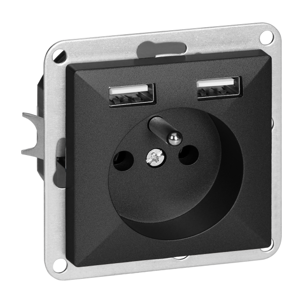 Gniazdo pojedyncze p/t 2P+Z z ładowarką Pearl, 16A, 250V, PT-16P/USB, czarny Gniazdo pojedyncze p/t 2P+Z z ładowarką Pearl, 16A, 250V, PT-16P/USB, czarny